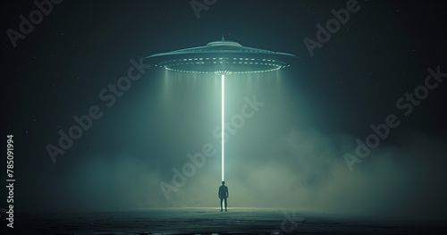 An isolated figure stands awestruck under the intense beam of light descending from an imposing UFO against the backdrop of a dark, starry night.