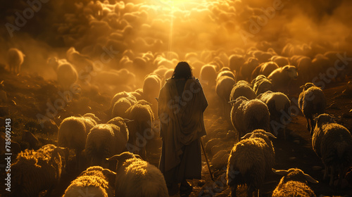 Jesus Shepherd Amidst the Flock at Dusk. Silhouetted figure with a staff stands among a vast flock of sheep in a golden sunset