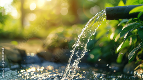 Crystal water flows from a pipe against a backdrop of sun-kissed foliage, with bokeh light playing on the droplets, evoking a sense of freshness and natural purity photo