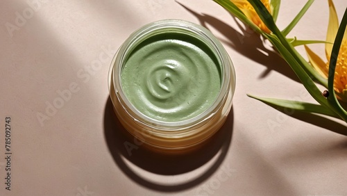 Natural green cosmetic cream for body care with leaves on beige background. organic cosmetics from plants for skin care