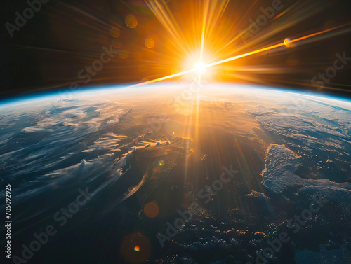 The sun is seen shining over the earth from space.