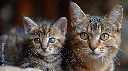Intense Gaze: Adult Cat and Kitten Duo