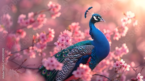 Radiant Peacock in Cherry Blossom Paradise at Dawn A Magazine Photography Showcase photo