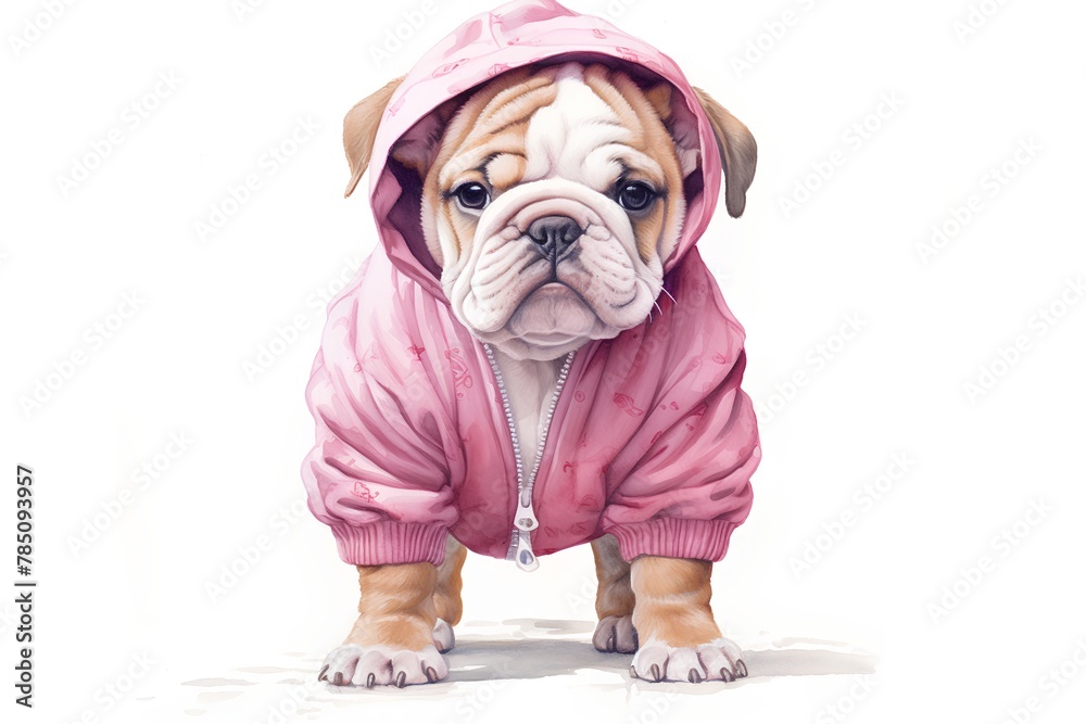 Cute English Bulldog puppy in raincoat isolated on white background
