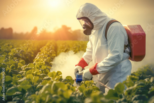 A farmer in a protective suit sprays pesticides on crops to control pests and ensure healthy plant growth.