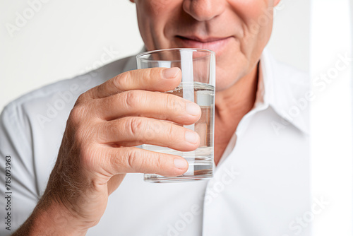 Elderly care: Closeup of an older man's hand holding a glass for drinking water.
