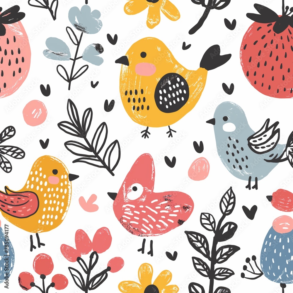 Birds and flowers whimsical pattern design Birds and flowers whimsical pattern design