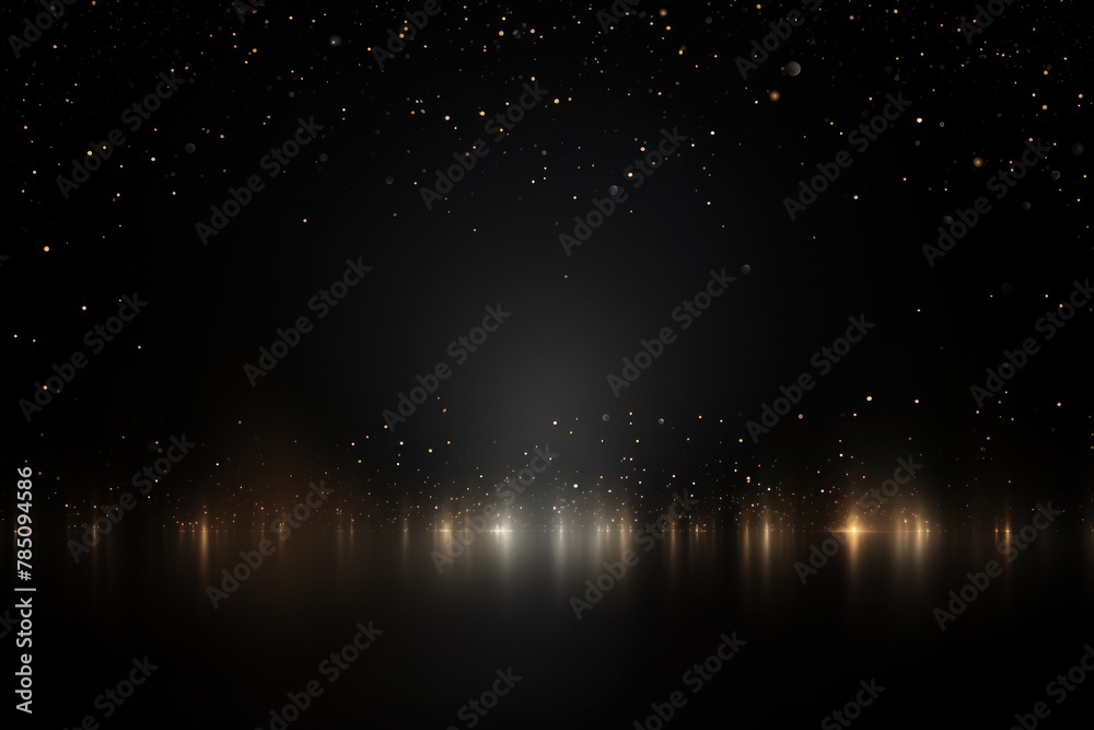 Black abstract glowing bokeh lights on a black background with space for text or product display. 