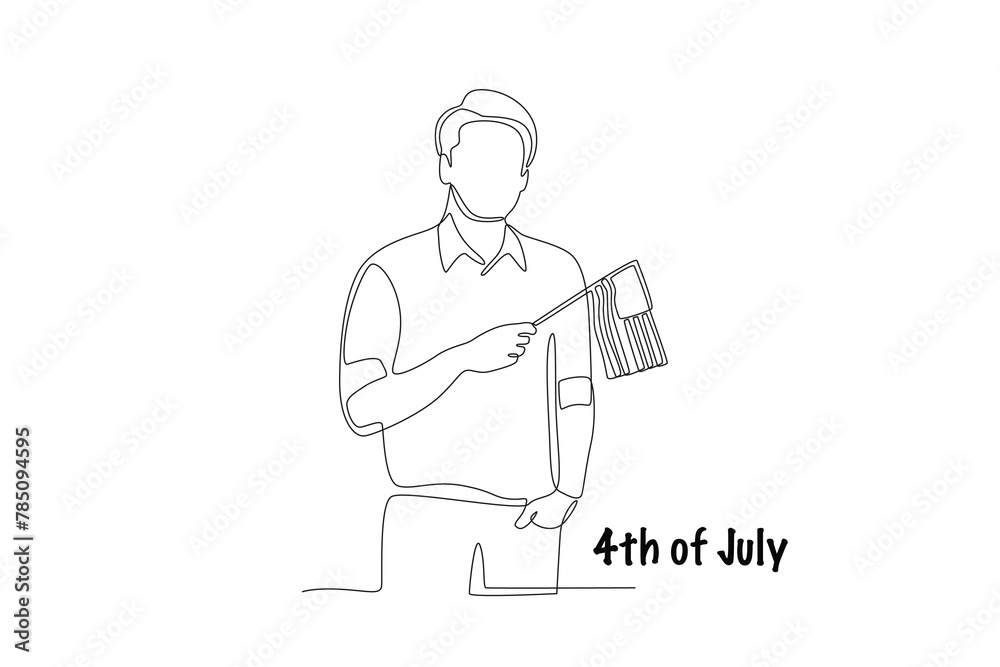 Man holding a united states flag. 4th of july one-line drawing
