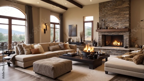 A modern living room with a fireplace and a couch.