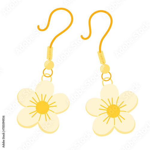 Kids jewelry, cute earrings. Cartoon earrings with daisies for children isolated on white. Fashion, jewellery concept