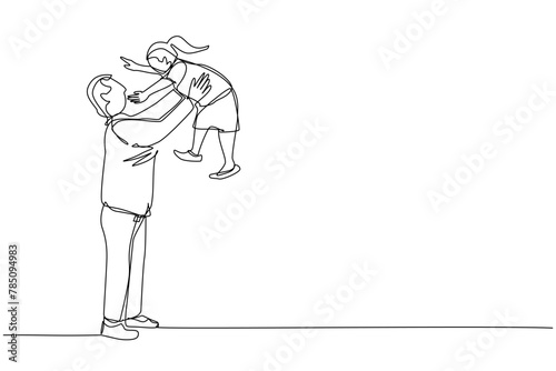 one line drawing a man stands holding a girl and lifts her high up. daughter is picked up. girl with pigtails. father comes home from work picking up his daughter. the happiness of a child is raised h