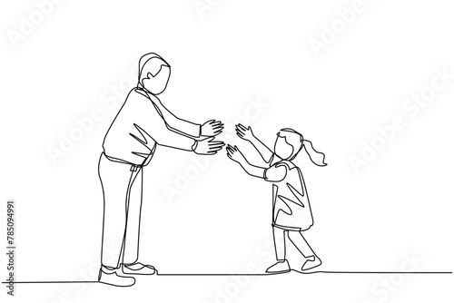 A single continuous line, illustrating	an elderly woman walks opposite a girl extending her hand for a hug. little boy in a ponytail. elderly woman wearing a jacket. meeting miss an elderly woman with