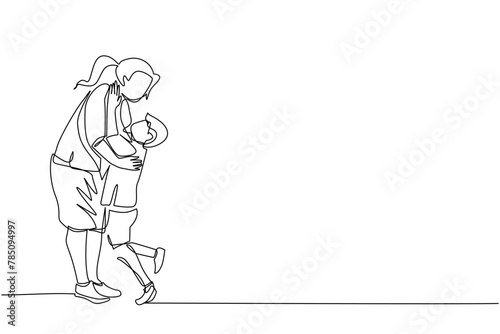 one line drawing	a mother stands hugging her son a boy is hugged by his mother. a grown woman with pigtails. a career woman comes home from work hugging her son. the happiness of a child is loved by h
