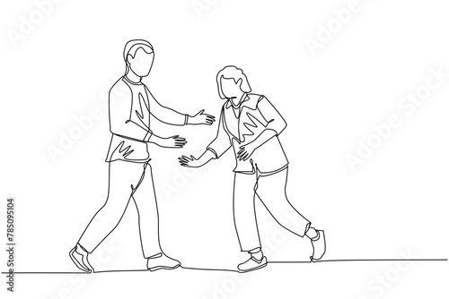 A single continuous line, illustrating A young man and an old woman walk face to face while preparing to embrace. old woman wearing neat clothes. the young man gallantly approached the old woman. both