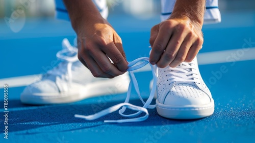 Close-up of athlete tying white shoe laces on a blue tennis court