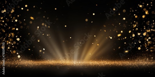 Black background, football stadium lights with gold confetti decoration, copy space for advertising banner or poster design