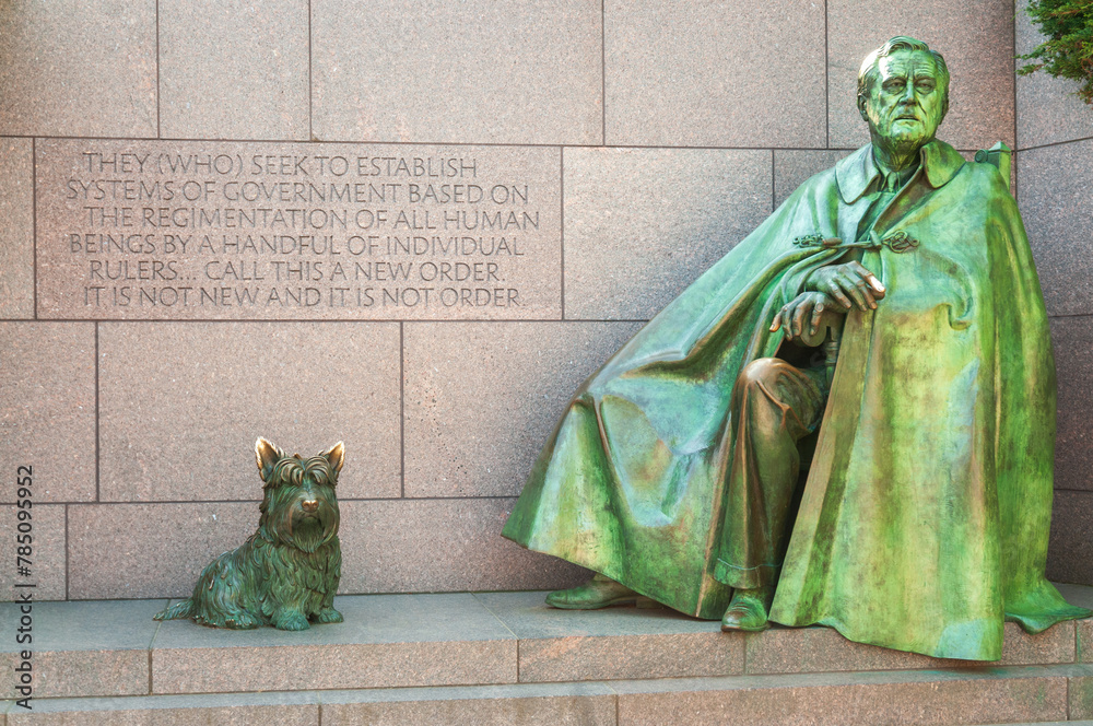 Neil Estern's sculpture of Franklin Roosevelt and his dog Fala at the Franklin Delano Roosevelt Memorial, Presidential memorial in Washington D.C.