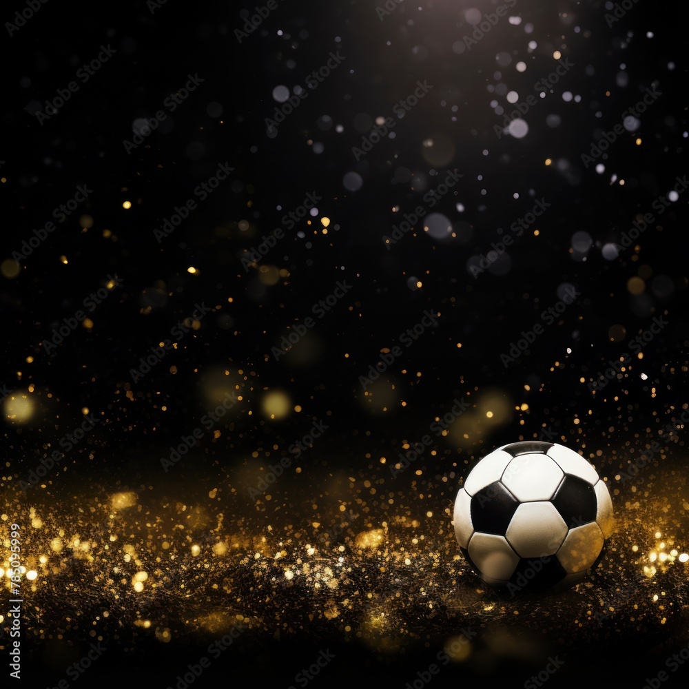 Black background, football stadium lights with gold confetti decoration, copy space for advertising banner or poster design