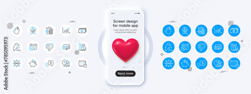 Phone mockup with 3d heart icon. Shopping bags, Calendar discounts and Budget line icons. Pack of Saving money, Chart, Card icon. Banking, Stress protection, Bitcoin chart pictogram. Vector
