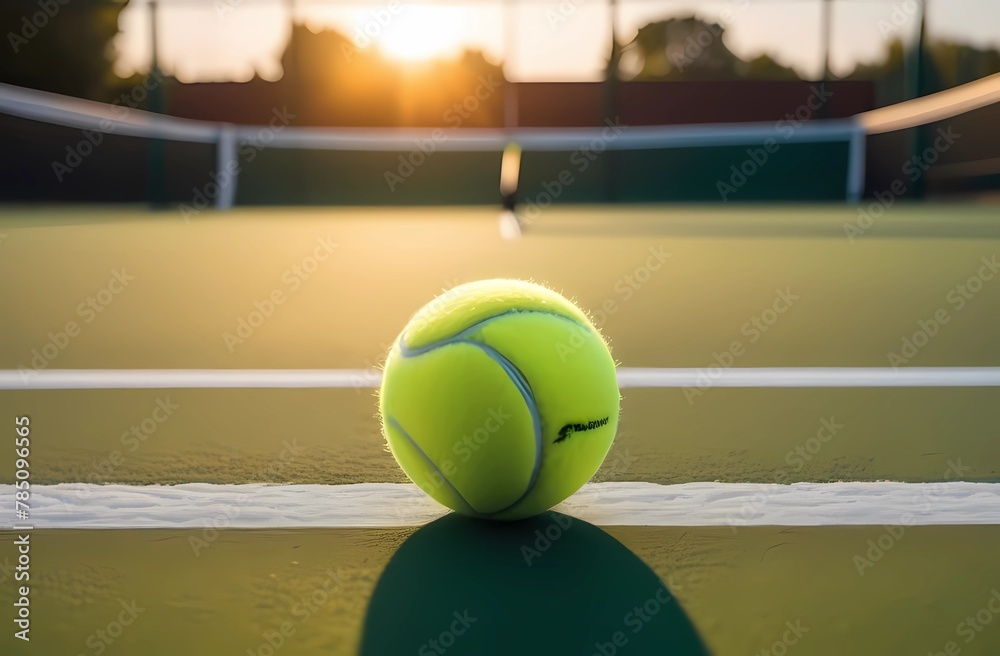 A vibrant tennis ball resting on the tennis court, bathed in the warm glow of the setting sun in the background