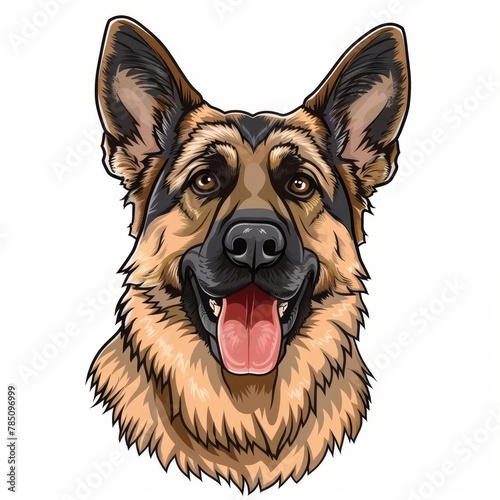 Cartoon sketch style icon  close up portrait of a joyful german shepherd dog on white background