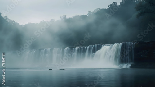 Misty morning shot of waterfall with fog in nature landscape
