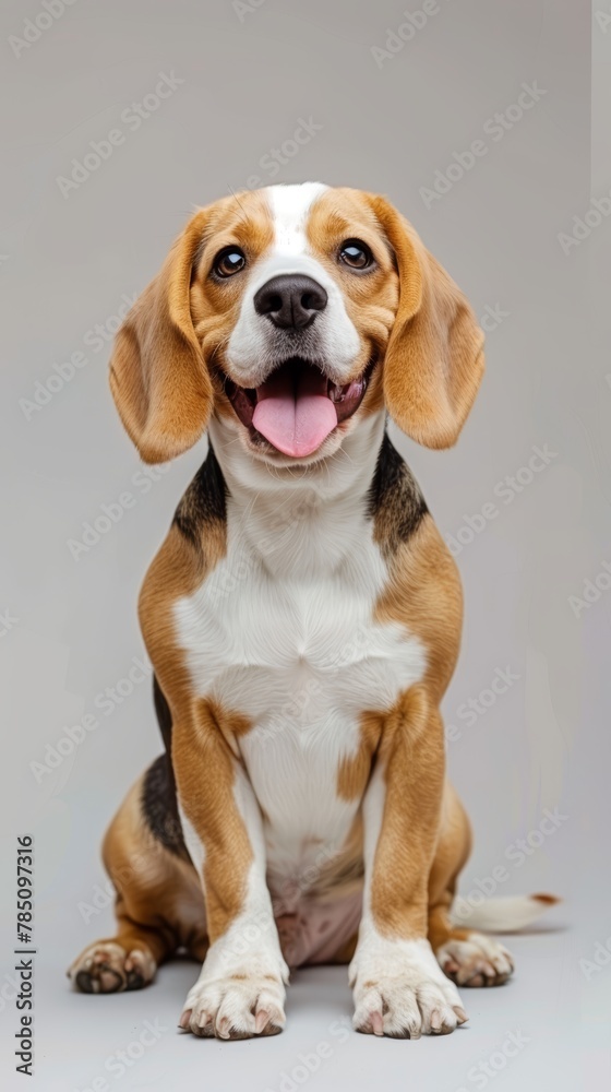 Beagle dog sitting and smiling on a grey background. Studio pet portrait with place for text.