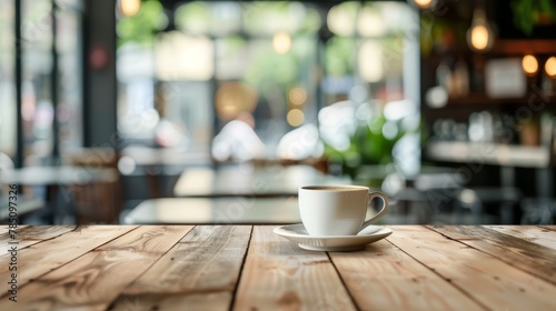 White coffee cup on wooden table in front of blurred cafe background.