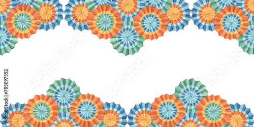 Seamless border from fiesta flowers. Hand drawn watercolor clipart, Mexican paper fans for Cinco de Mayo decoration. Celebration design for banners, paper,packaging, printing, cards, invitation