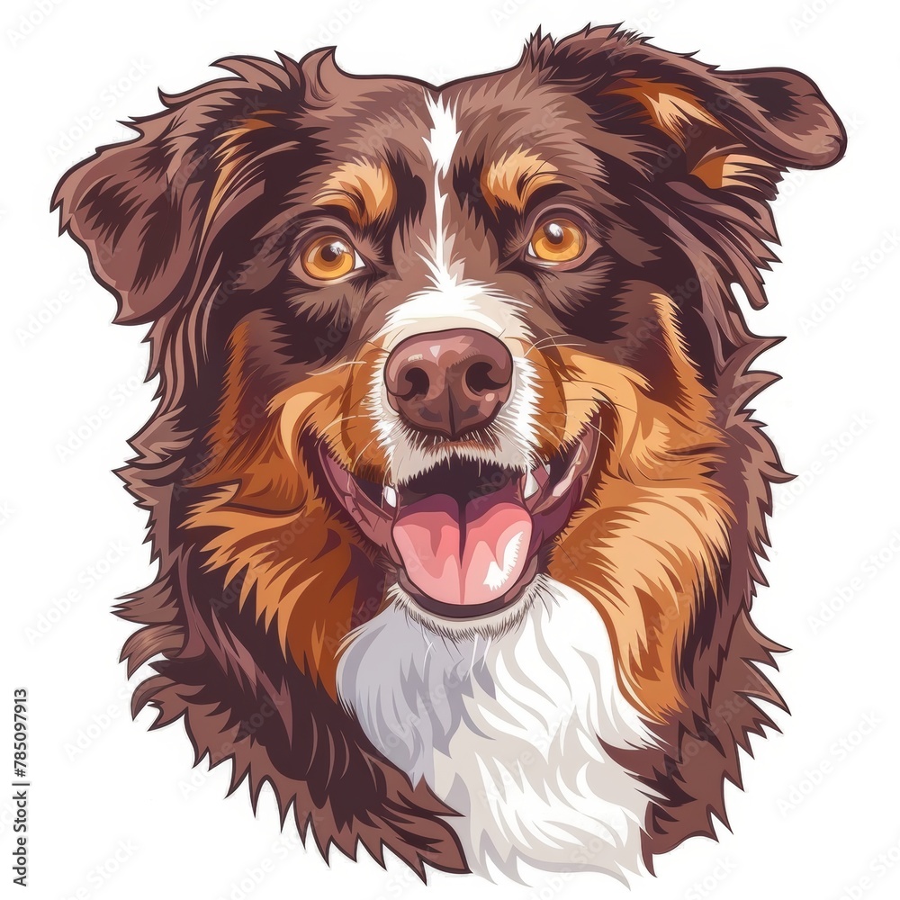Close-up front view of brown happy australian shepherd dog in cartoon sketch style