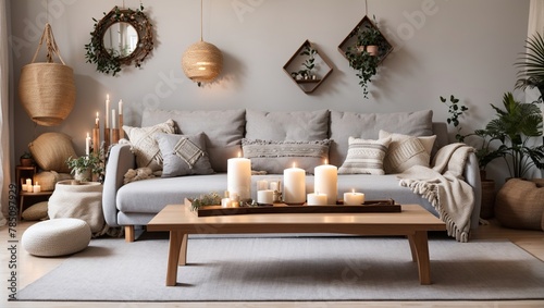 A living room with a couch, coffee table, rug, plants, and other decorations.

 photo