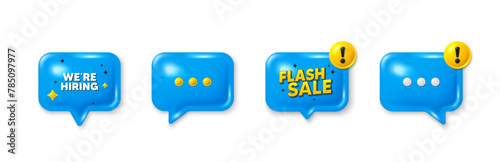 Offer speech bubble 3d icons. We are hiring tag. Recruitment agency sign. Hire employees symbol. Hiring chat offer. Flash sale, danger alert. Text box balloon. Vector