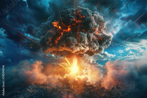 Generative ai on theme of scary nuclear explosion in outdoor, mushroom cloud of nuclear weapons photo