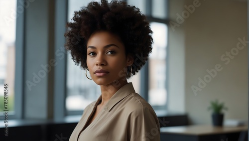 portrait of a black woman with an afro hairstyle standing by a window in an office 