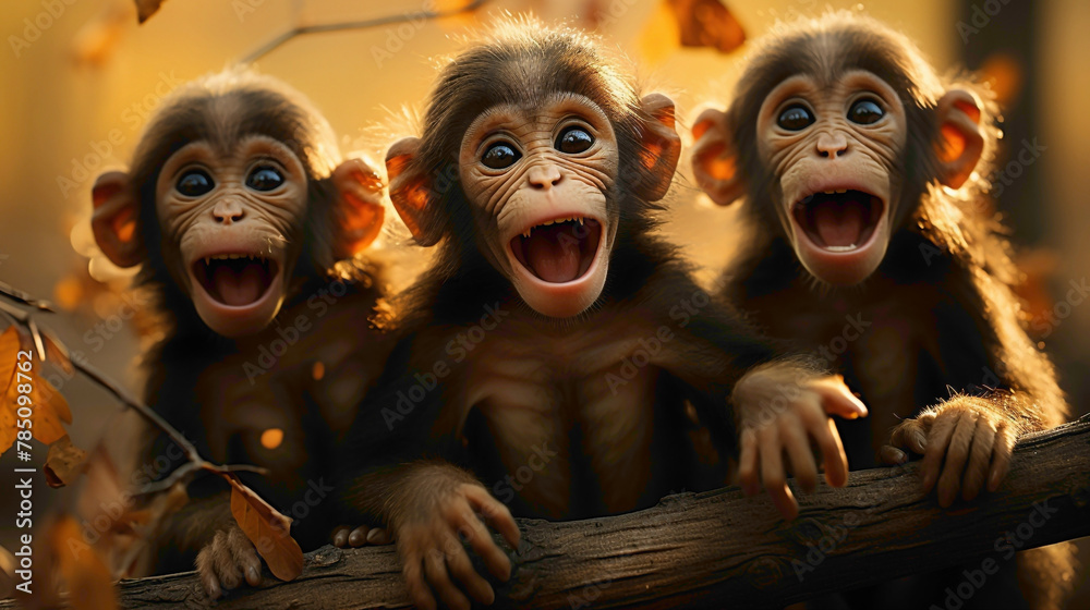 Playful baby chimpanzees swinging from tree branches, their mischievous antics and expressive faces showcasing the adorable side of primate life.
