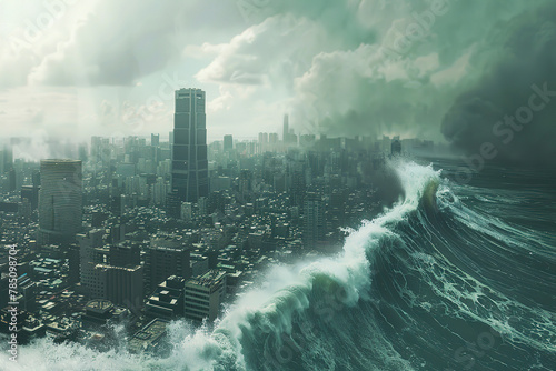 Generative ai on theme of a scary tsunami with huge foamy wave, apocalyptic dramatic background