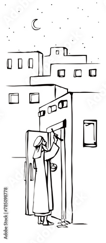 Vector drawing. The family fulfills God's command. Anoints the doorposts with the blood of the lamb