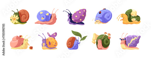 Cute snail characters set. Different slugs with patterned coiled shells. Snailfishes with various emotions, facial expression. Happy, sad, angry gastropods. Flat isolated vector illustration on white © Paper Trident