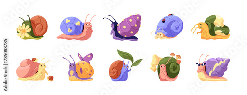 Cute snail characters set. Different slugs with patterned coiled shells. Snailfishes with various emotions, facial expression. Happy, sad, angry gastropods. Flat isolated vector illustration on white photo