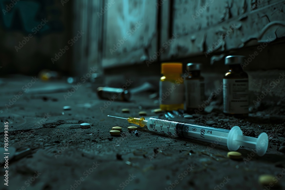 An eerie image of a discarded syringe lying on the ground, surrounded