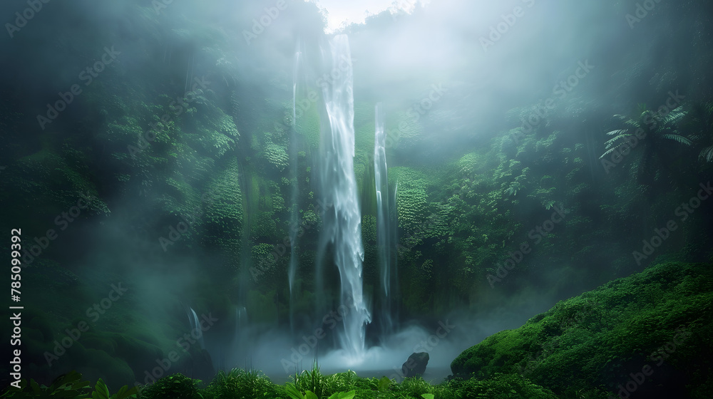 Fototapeta premium Misty morning shot of waterfall with fog in nature landscape