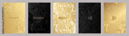 Modern luxury cover design set. Elegant fashionable background with abstract marble, fluid, grunge pattern in gold, black color. Premium vector template for elite menu, flyer, vip card, web design