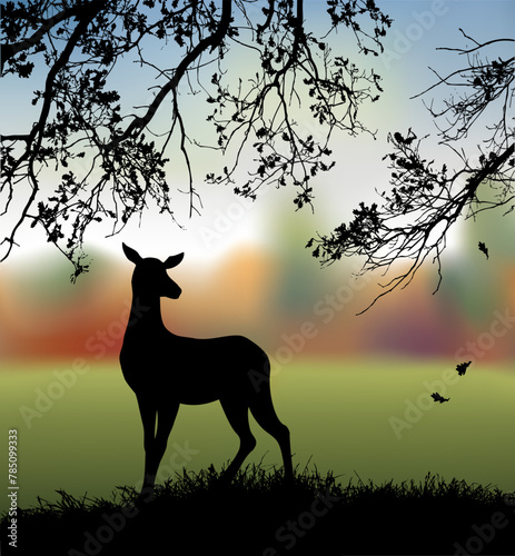 Silhouette of deer in the grass by the oaks. Vector drawing