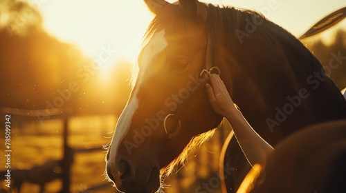 gentle touch of a person caressing a horse's face, captured in the golden light of a peaceful sunset on a farm. photo