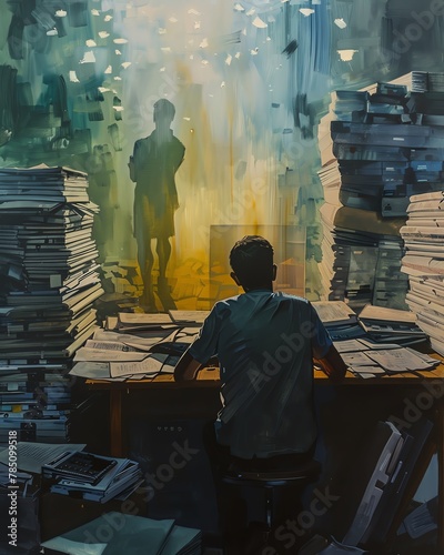 Person surrounded by stacks of untouched tasks, gazing longingly at a distant figure in a traditional acrylic painting photo
