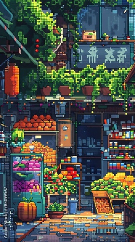 A colorful and lively pixel art marketplace where vitamins, minerals, and essential nutrients are depicted as tiny, animated characters mingling and conducting business