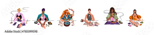 Fortune tellers set. Mysterious women predict destiny. Fortunetellers with tarot cards, candles, magic ball. Divination, telling the future with astrology, palmistry. Flat isolated vector illustration