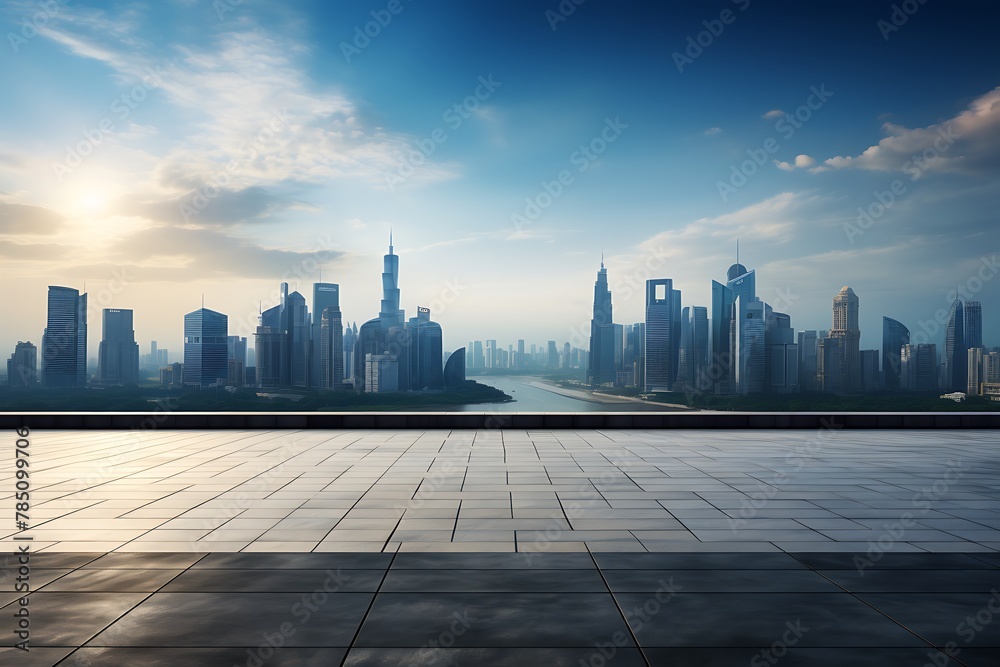 cityscape and skyline of shanghai at sunset from empty floor