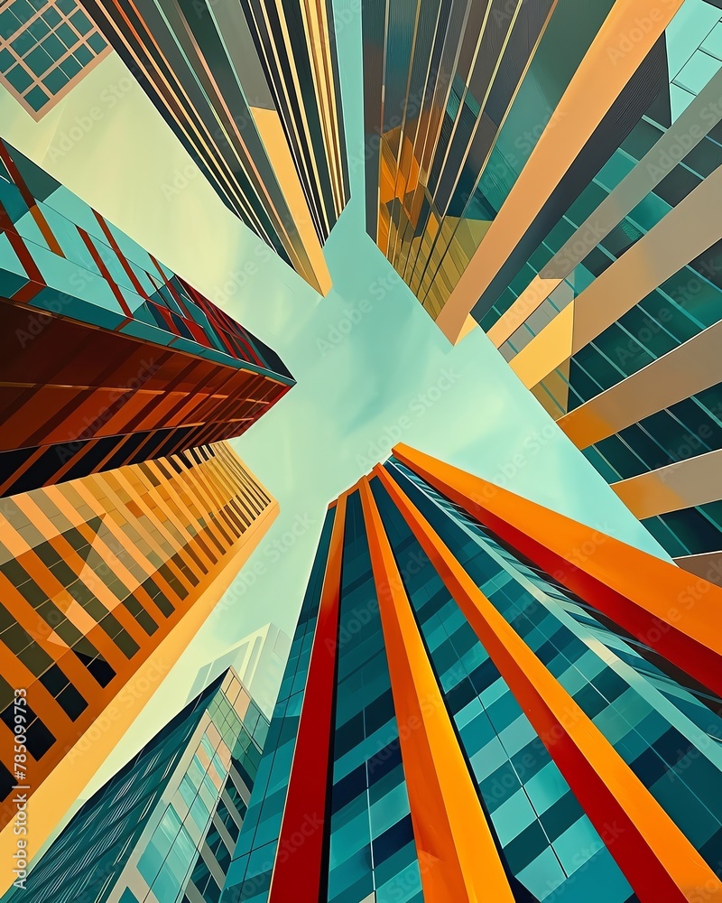 A geometric pattern of towering skyscrapers, depicted in a perspective graphic painting that showcases the architectural beauty of city buildings